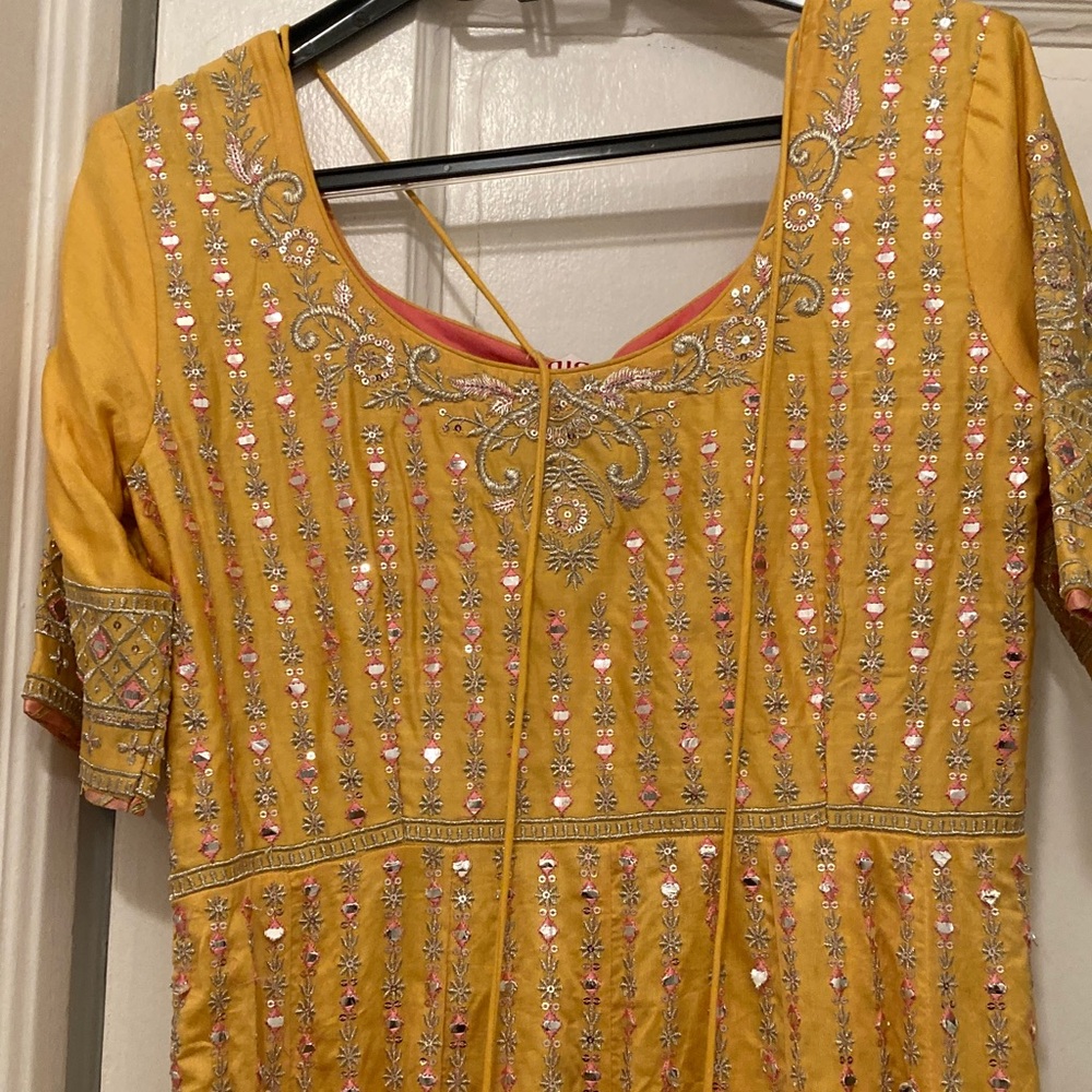 Biba Mustard Anarkali with Pink and Silver Embroidery
